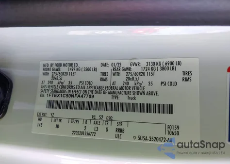 2022 Ford F-150 Xl z USA, uszkodzony, nr VIN 1FTEX1C50NFA47709